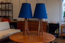 Load image into Gallery viewer, Vintage Teak Rocket Lamp Pair with Blue Shades
