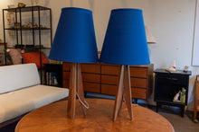 Load image into Gallery viewer, Vintage Teak Rocket Lamp Pair with Blue Shades