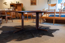 Load image into Gallery viewer, Vintage Round Gudme Rosewood Dining Table with two Leaves and Six Rosewood Chairs