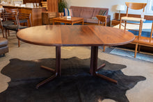 Load image into Gallery viewer, Vintage Round Gudme Rosewood Dining Table with two Leaves and Six Rosewood Chairs