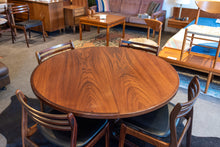 Load image into Gallery viewer, Vintage Round Gudme Rosewood Dining Table with two Leaves and Six Rosewood Chairs