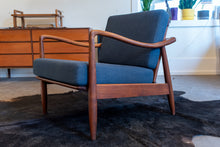 Load image into Gallery viewer, Pair of Vintage Walnut Lounge Chairs with Blue Upholstery in the style of Finn Juhl
