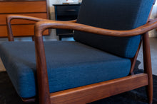 Load image into Gallery viewer, Pair of Vintage Walnut Lounge Chairs with Blue Upholstery in the style of Finn Juhl