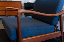 Load image into Gallery viewer, Pair of Vintage Walnut Lounge Chairs with Blue Upholstery in the style of Finn Juhl