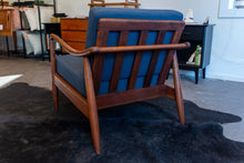 Load image into Gallery viewer, Pair of Vintage Walnut Lounge Chairs with Blue Upholstery in the style of Finn Juhl