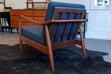 Load image into Gallery viewer, Pair of Vintage Walnut Lounge Chairs with Blue Upholstery in the style of Finn Juhl
