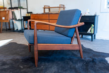 Load image into Gallery viewer, Pair of Vintage Walnut Lounge Chairs with Blue Upholstery in the style of Finn Juhl
