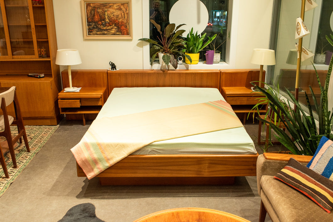 Restored Vintage Teak Queen Bed with Bedside Tables