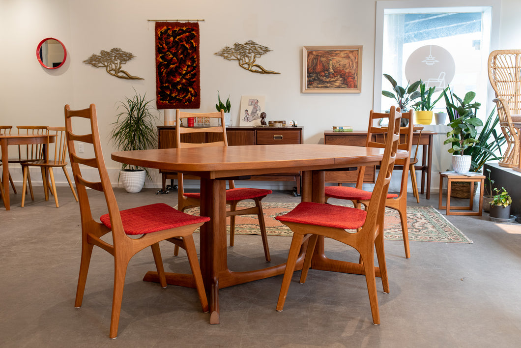 Restored Vintage Teak Gudme Pedestal  Dining Table with Two Leaves