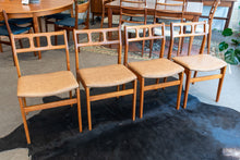 Load image into Gallery viewer, Vintage Teak Dining Chairs Reupholstered in Brown/Tan Vinyl - Set of Four
