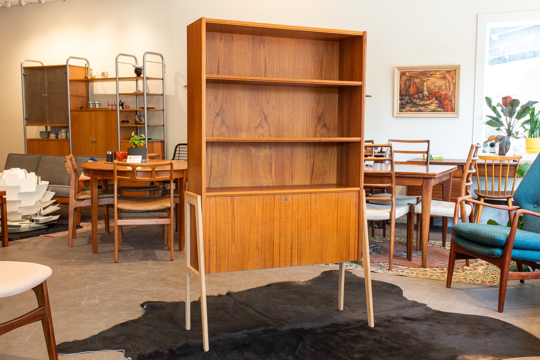 Vintage Teak Bookshelf Secretary Desk on White Oak Legs KOLLEKTION