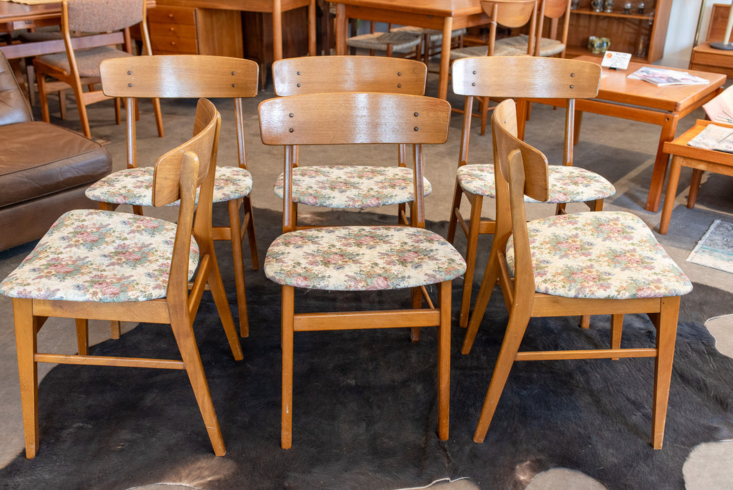Vintage Set of Six Farstrup Beech Dining Chairs with Teak Backrests