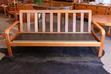 Load image into Gallery viewer, Restored Vintage Teak Framed Three Seater Sofa
