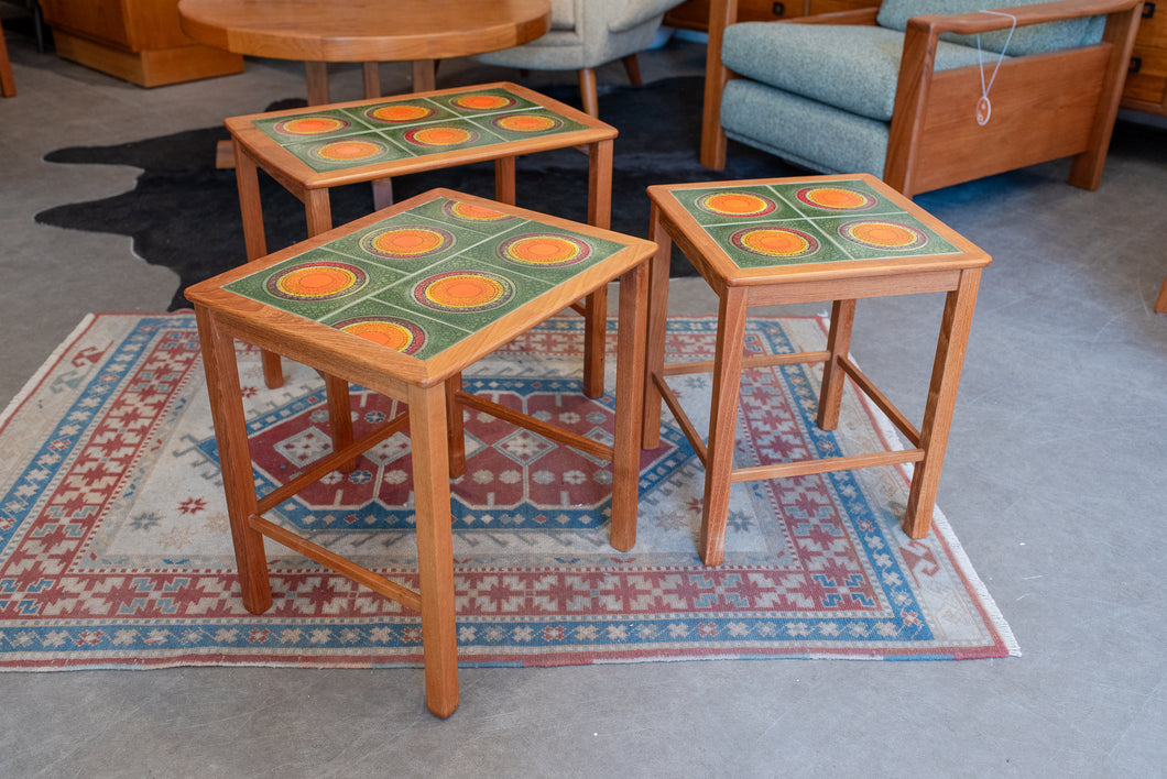 Vintage Teak Nesting Tables with Colourful Tile Inlays