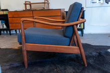 Load image into Gallery viewer, ON HOLD - Pair of Vintage Walnut Lounge Chairs with Blue Upholstery in the style of Finn Juhl
