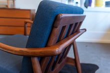 Load image into Gallery viewer, ON HOLD - Pair of Vintage Walnut Lounge Chairs with Blue Upholstery in the style of Finn Juhl
