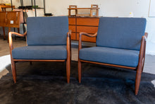 Load image into Gallery viewer, ON HOLD - Pair of Vintage Walnut Lounge Chairs with Blue Upholstery in the style of Finn Juhl

