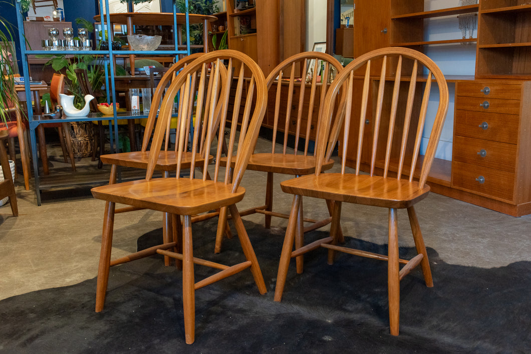 Vintage Solid Teak Spindle Dining Chairs - Set of Four
