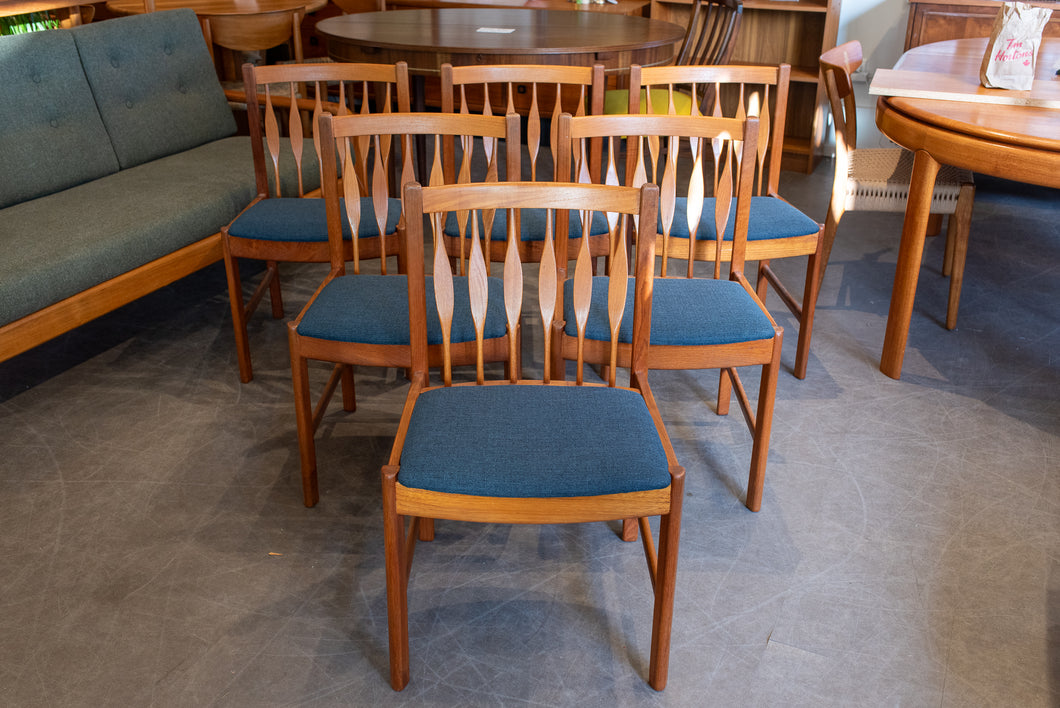 Restored Teak Dining Chairs with Upholstered Seats - Set of Six