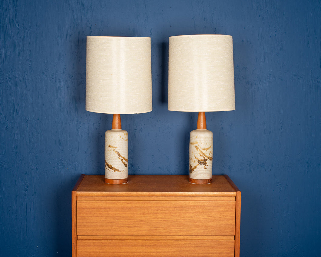 Vintage Ceramic Lamp Pair with Teak Accents
