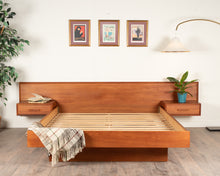 Load image into Gallery viewer, Vintage Queen Teak Floating Bed with Attached Night Stands

