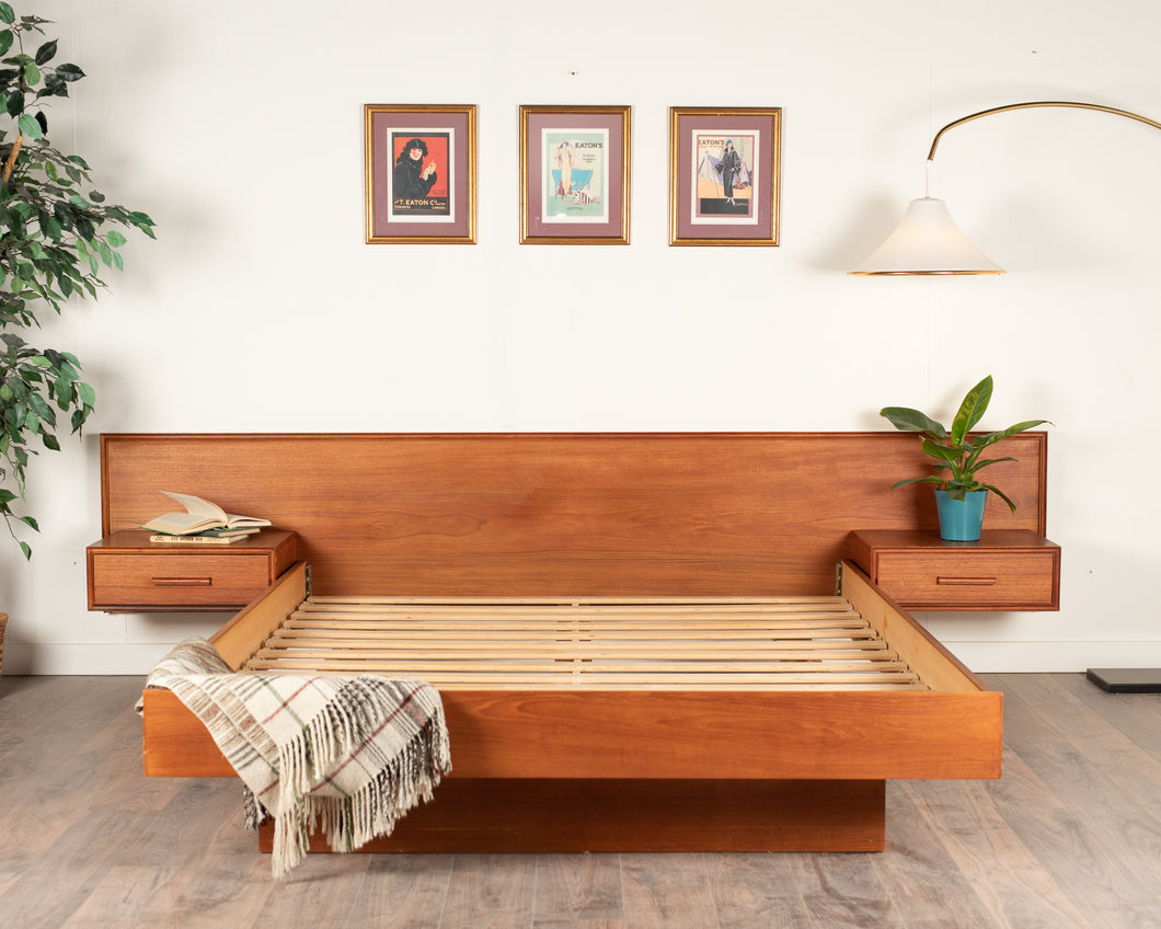 Vintage Queen Teak Floating Bed with Attached Night Stands