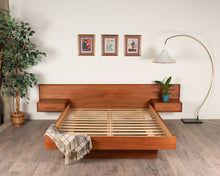 Load image into Gallery viewer, Vintage Queen Teak Floating Bed with Attached Night Stands
