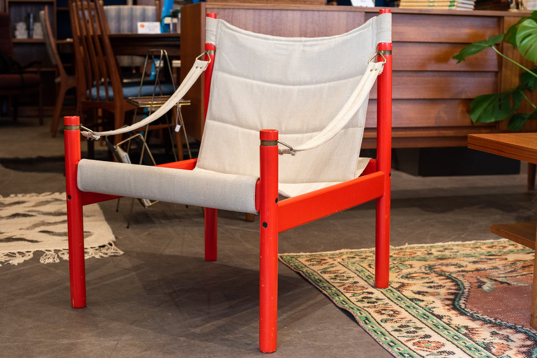 Vintage Red/Orange Safari Armchair with Beige Canvas