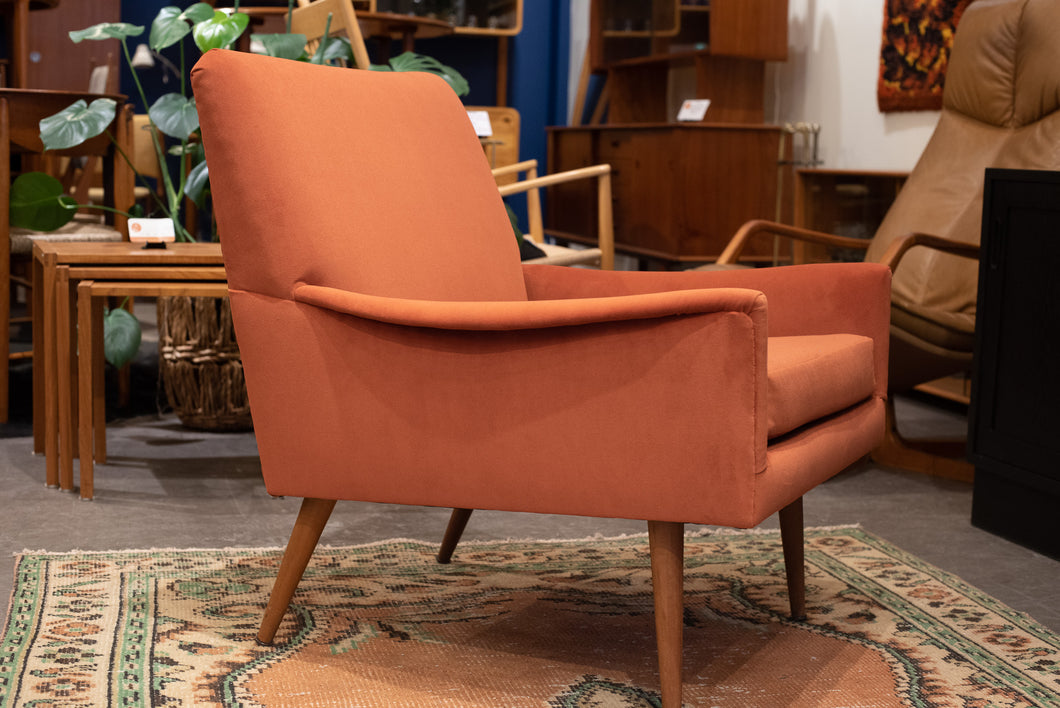 Reupholstered Orange Velvet Vintage Lounge Chair