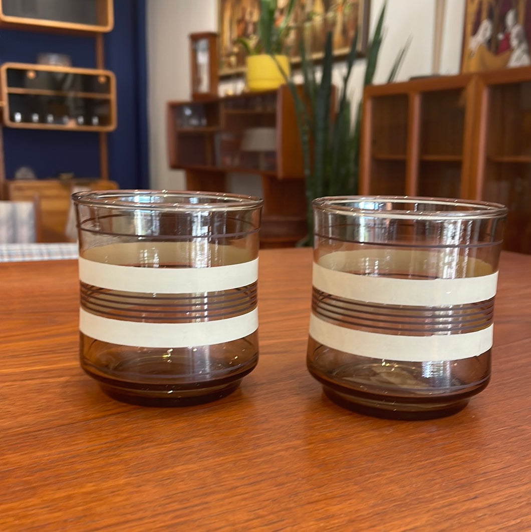 Brown and Cream Striped Lowball Glasses - Set of Two